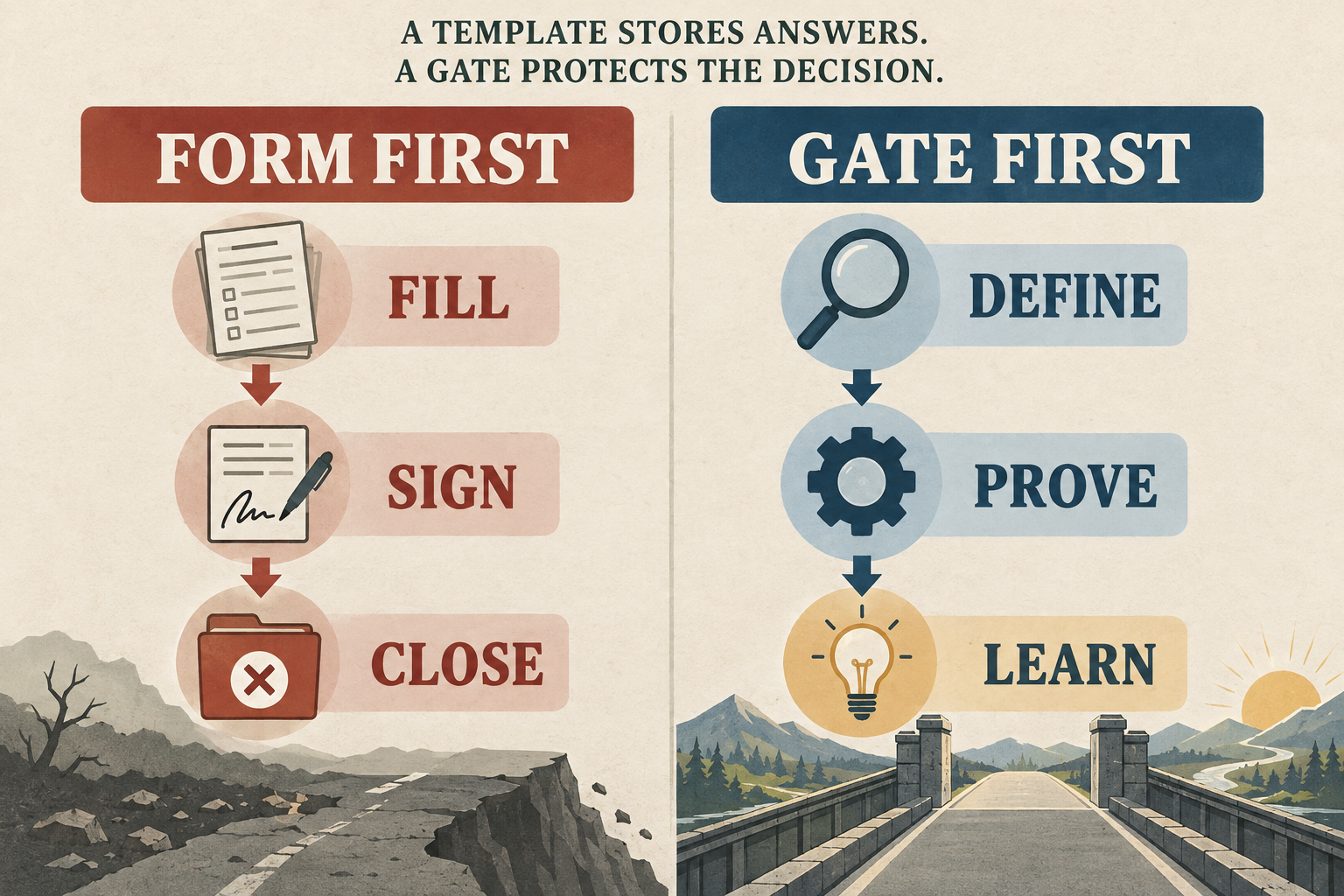 Native ChatGPT comparison infographic contrasting form-first fill-sign-close behavior with gate-first define-prove-learn behavior.